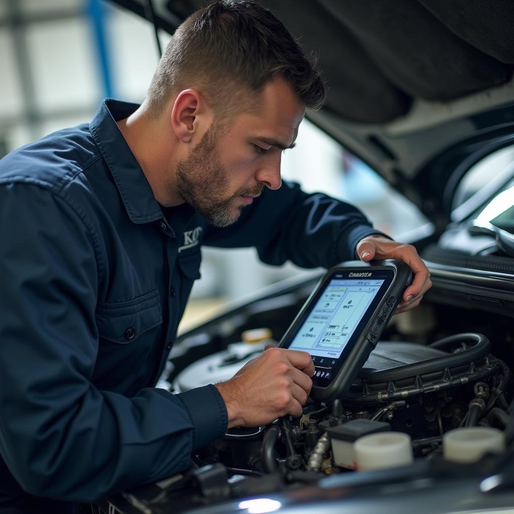 Mechanic in Pasadena using advanced car diagnostic equipment