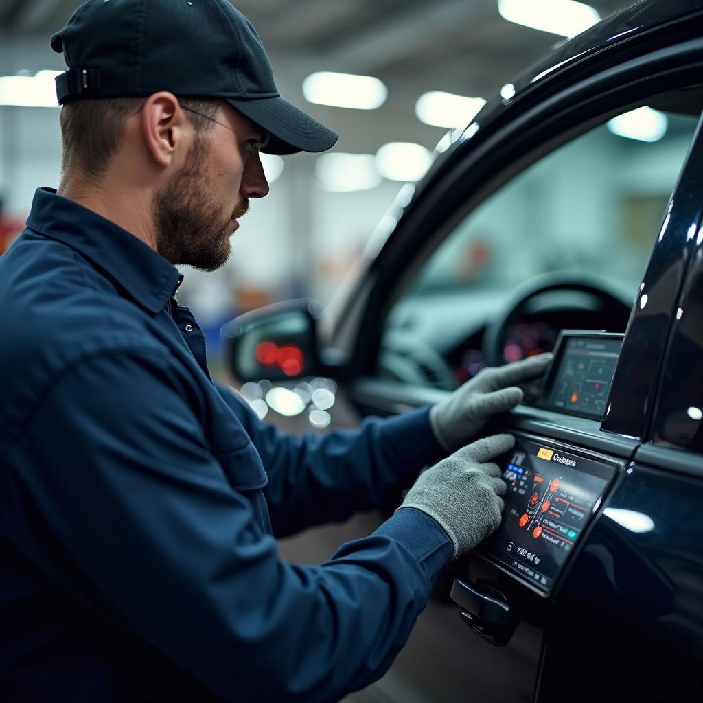 Car diagnostic equipment in use at an auto repair shop