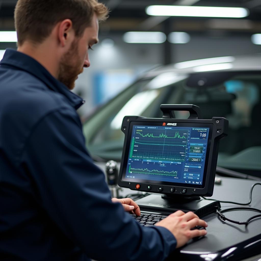 Car diagnostic equipment in use at a Tracy auto service center