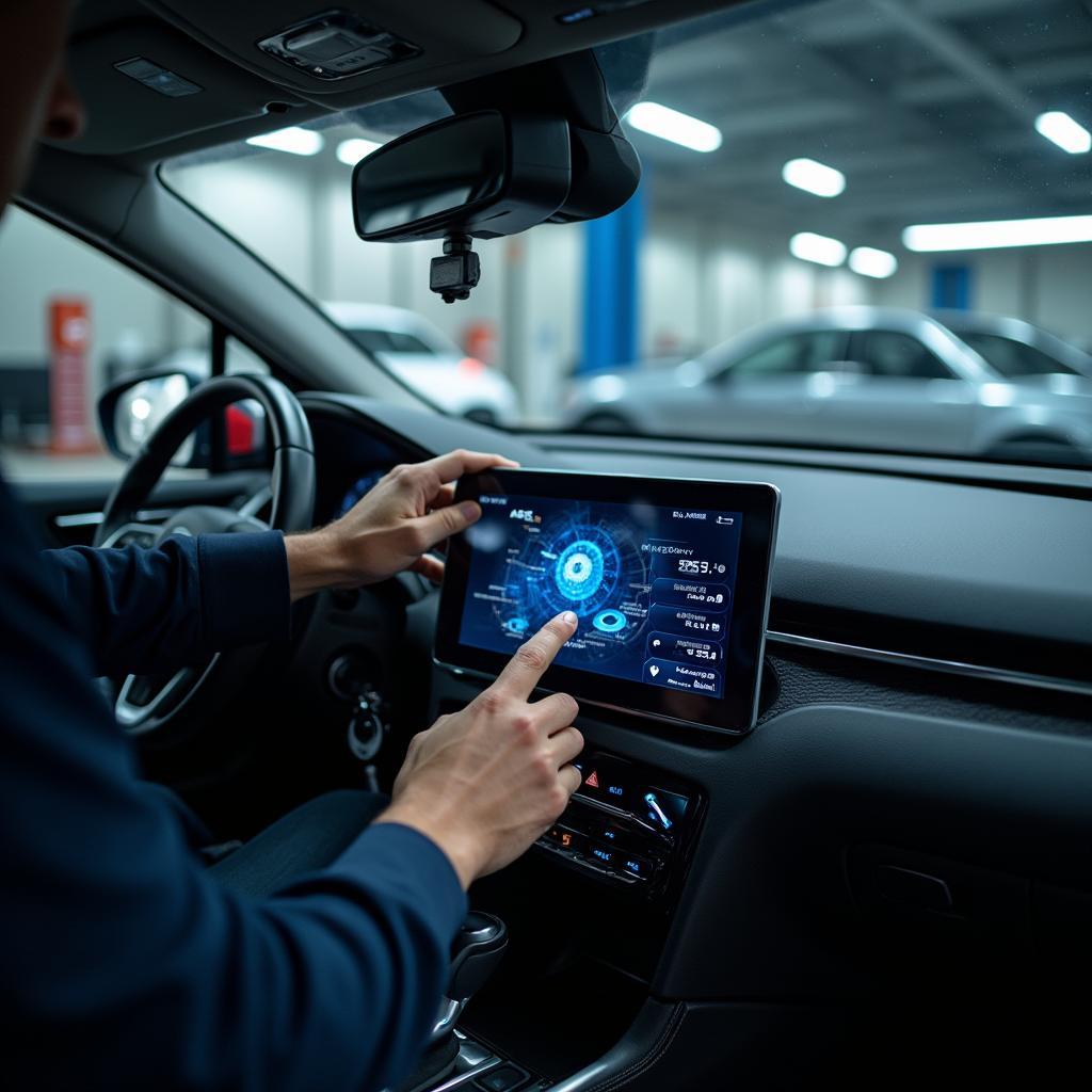 A car hooked up to a computer for diagnostics in an auto repair shop