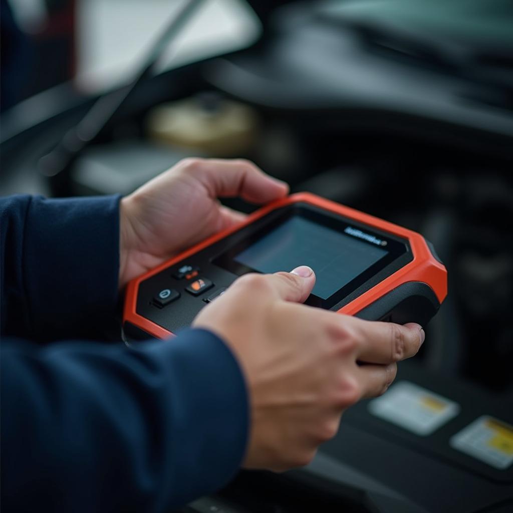 Mechanic using a diagnostic scanner on a car's engine.