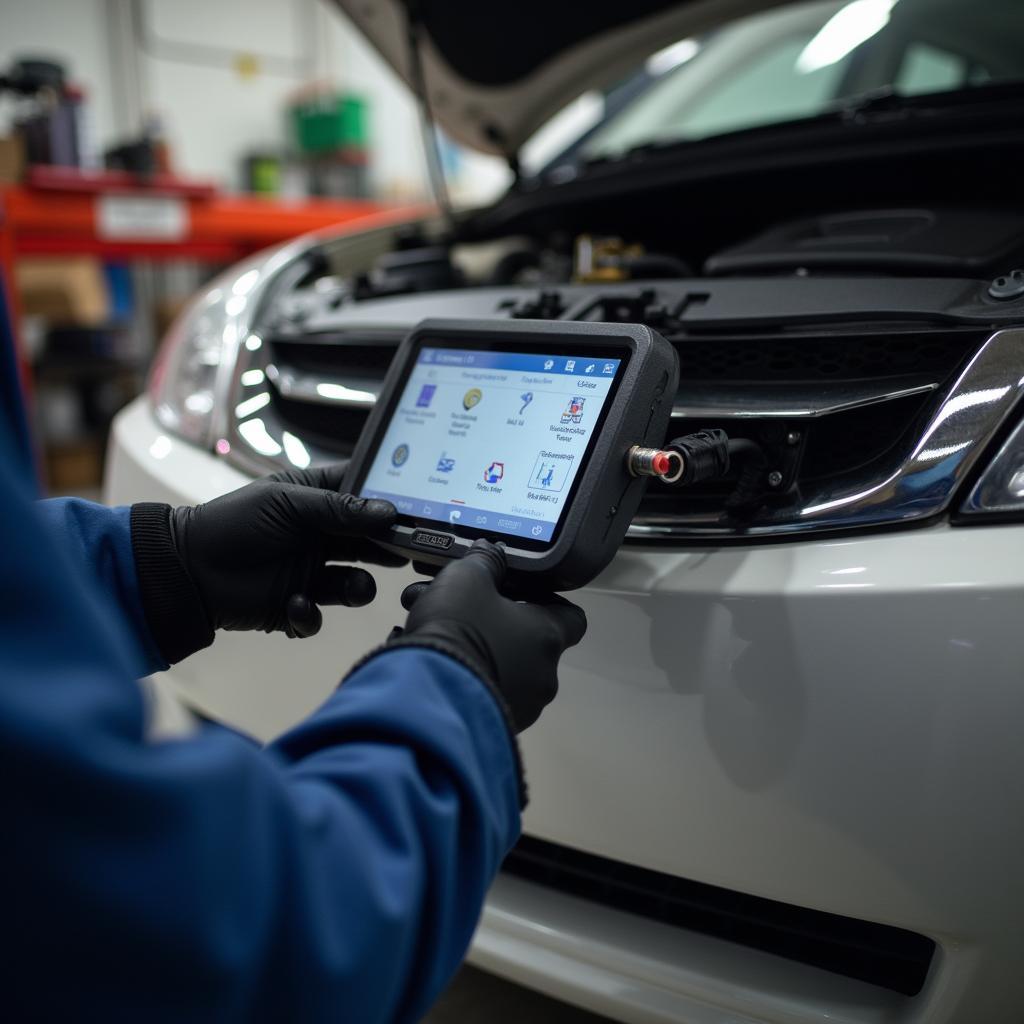 Mechanic using a diagnostic scan tool on a car in Canoga Park