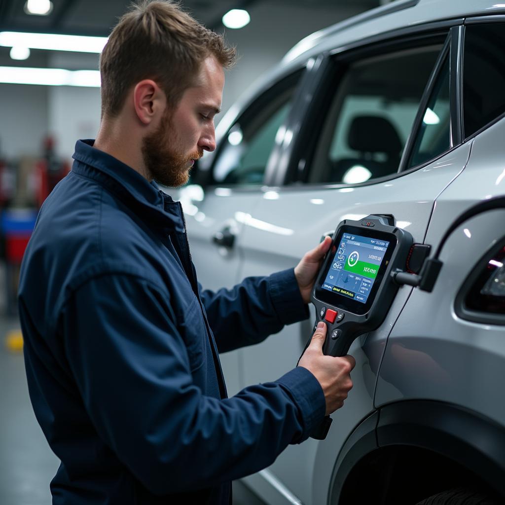 Mechanic using a car diagnostic scan tool