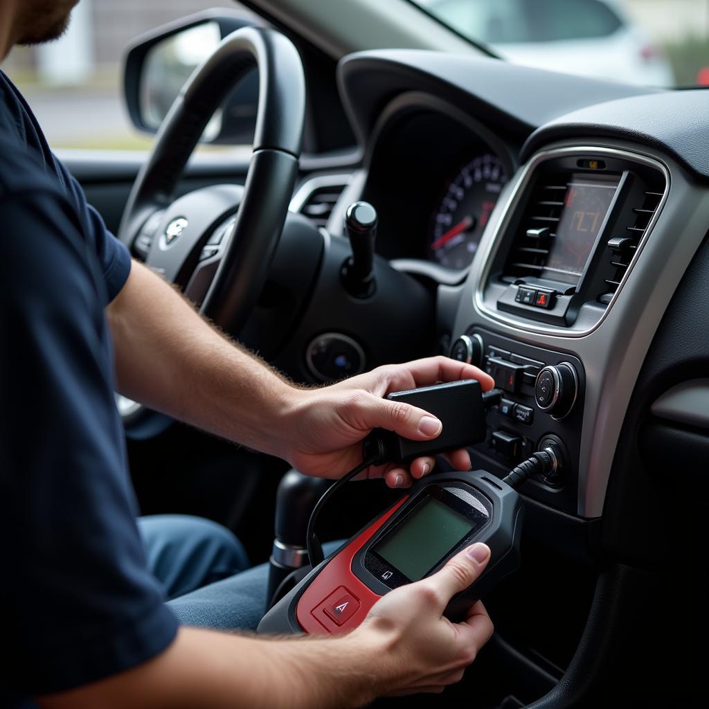 Mechanic using a diagnostic tool on a car in St. Augustine