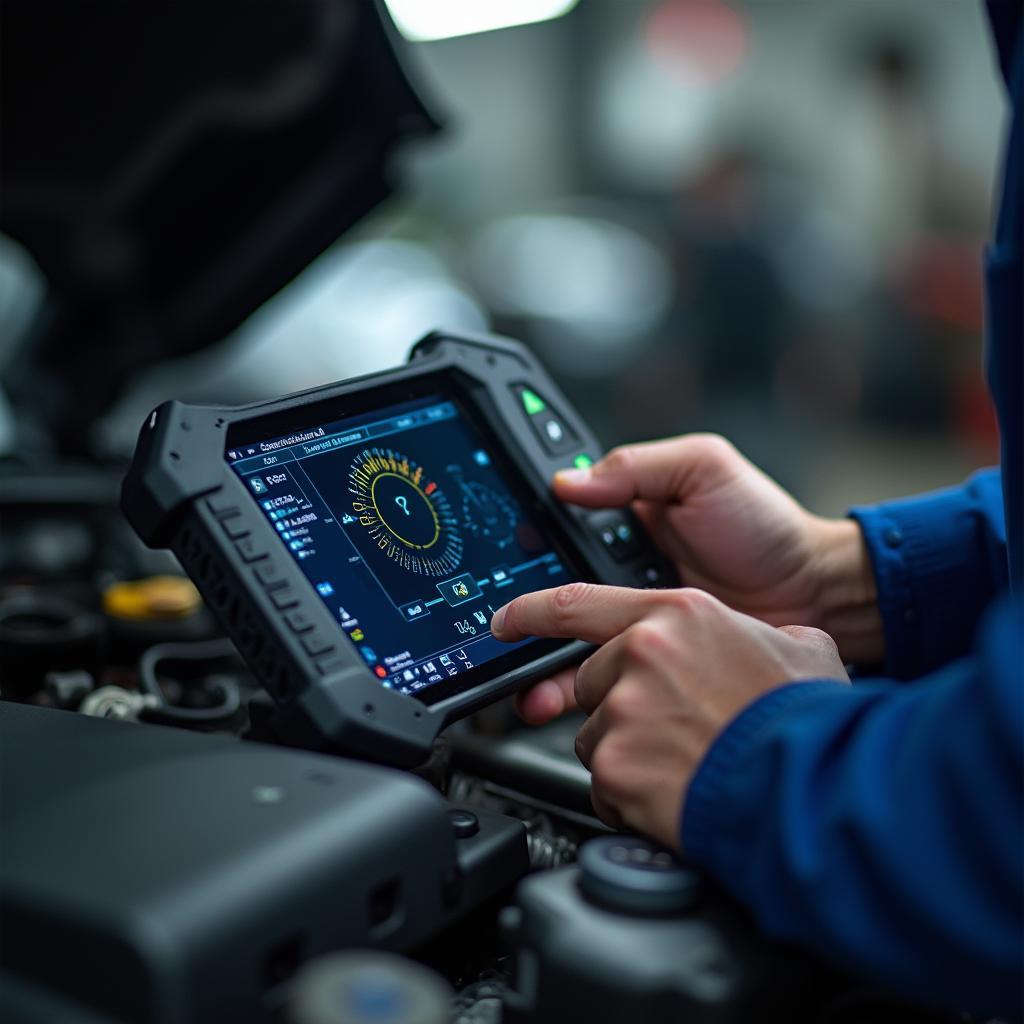 Mechanic Using Diagnostic Equipment in Argentan