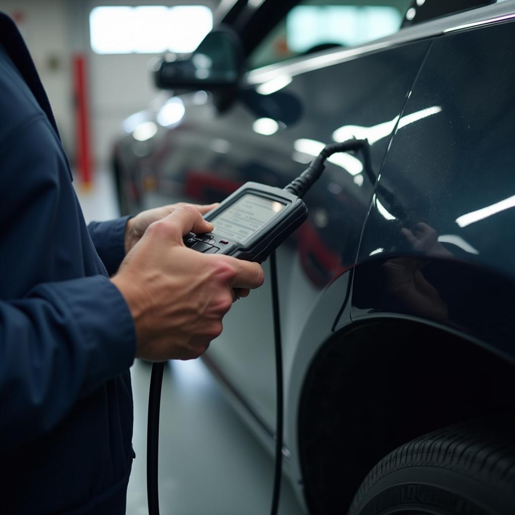 Mechanic performing a diagnostic test on a car in 32828