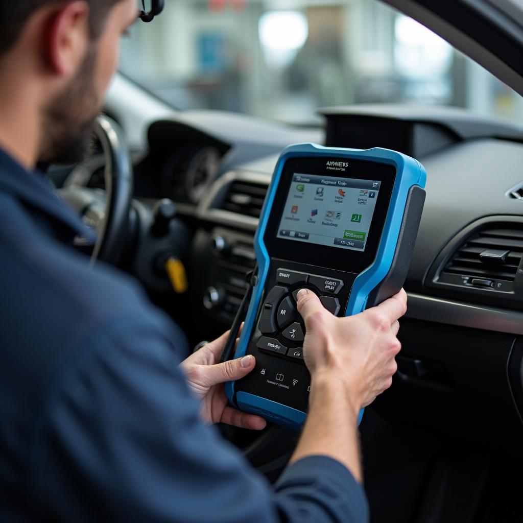 Auto electrician performing a car diagnostic test