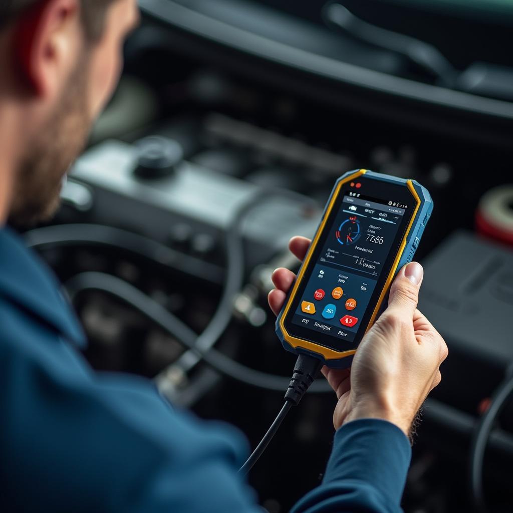 Close-up of a mechanic's hand connecting a diagnostic tool to a car's computer system