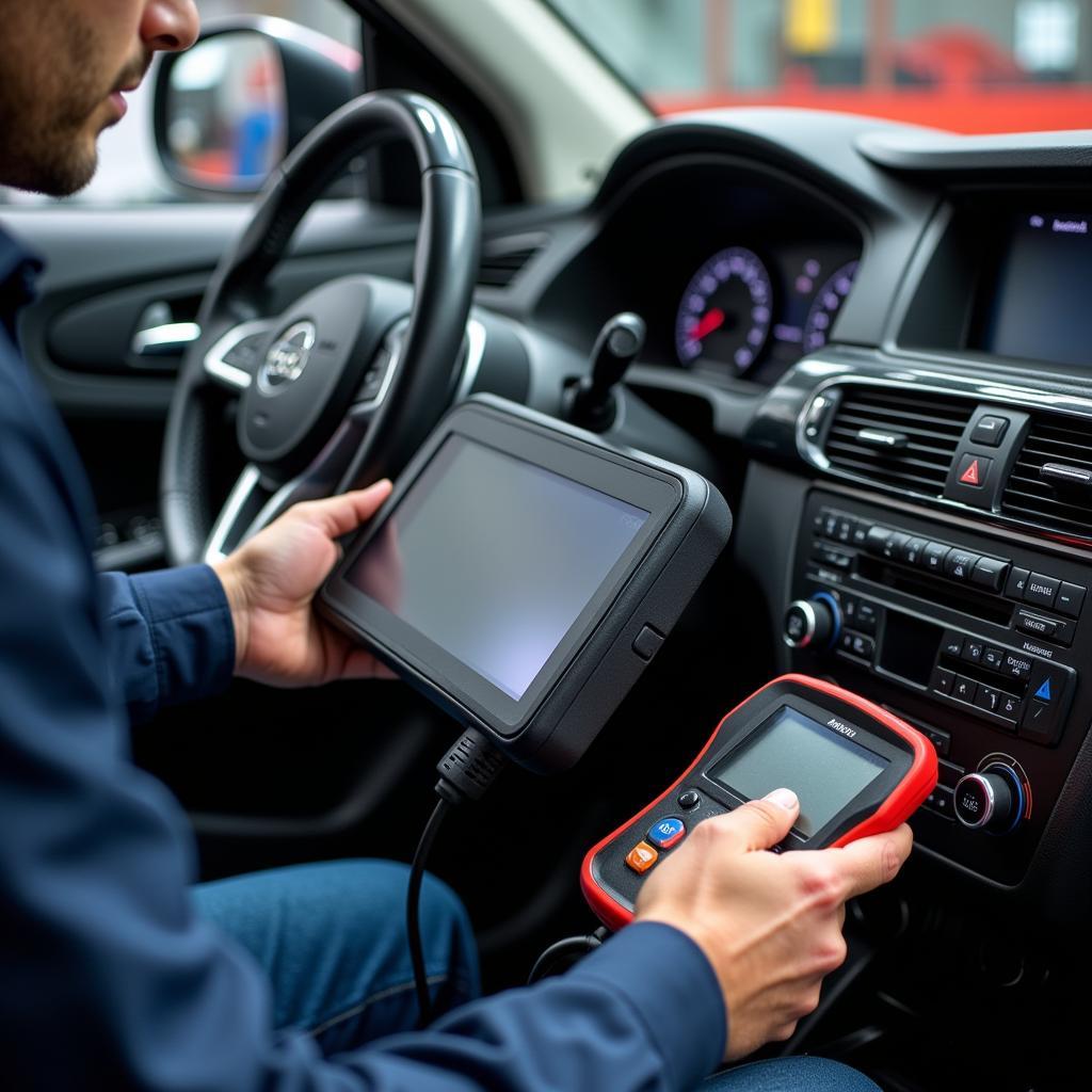 Mechanic performing a car diagnostic test using a computer