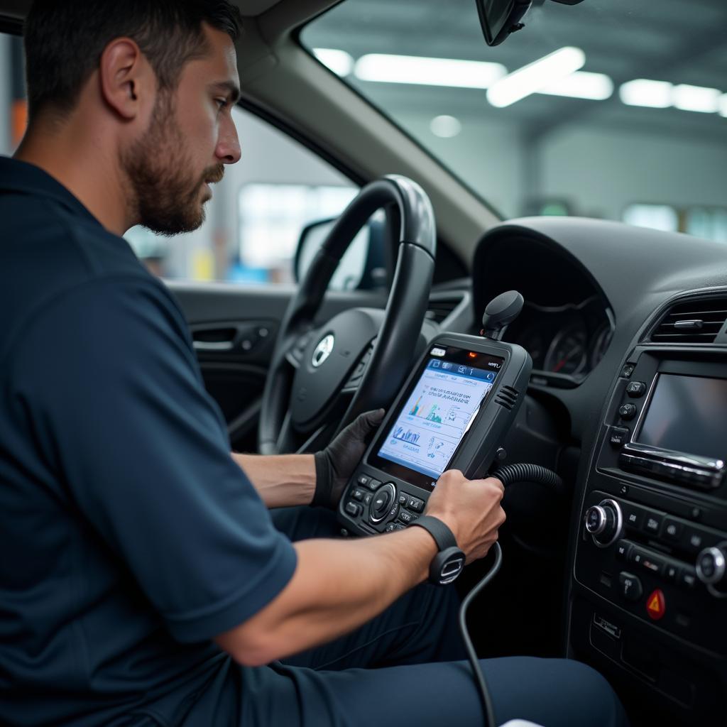 Mechanic performing a diagnostic test on a car in Baltimore