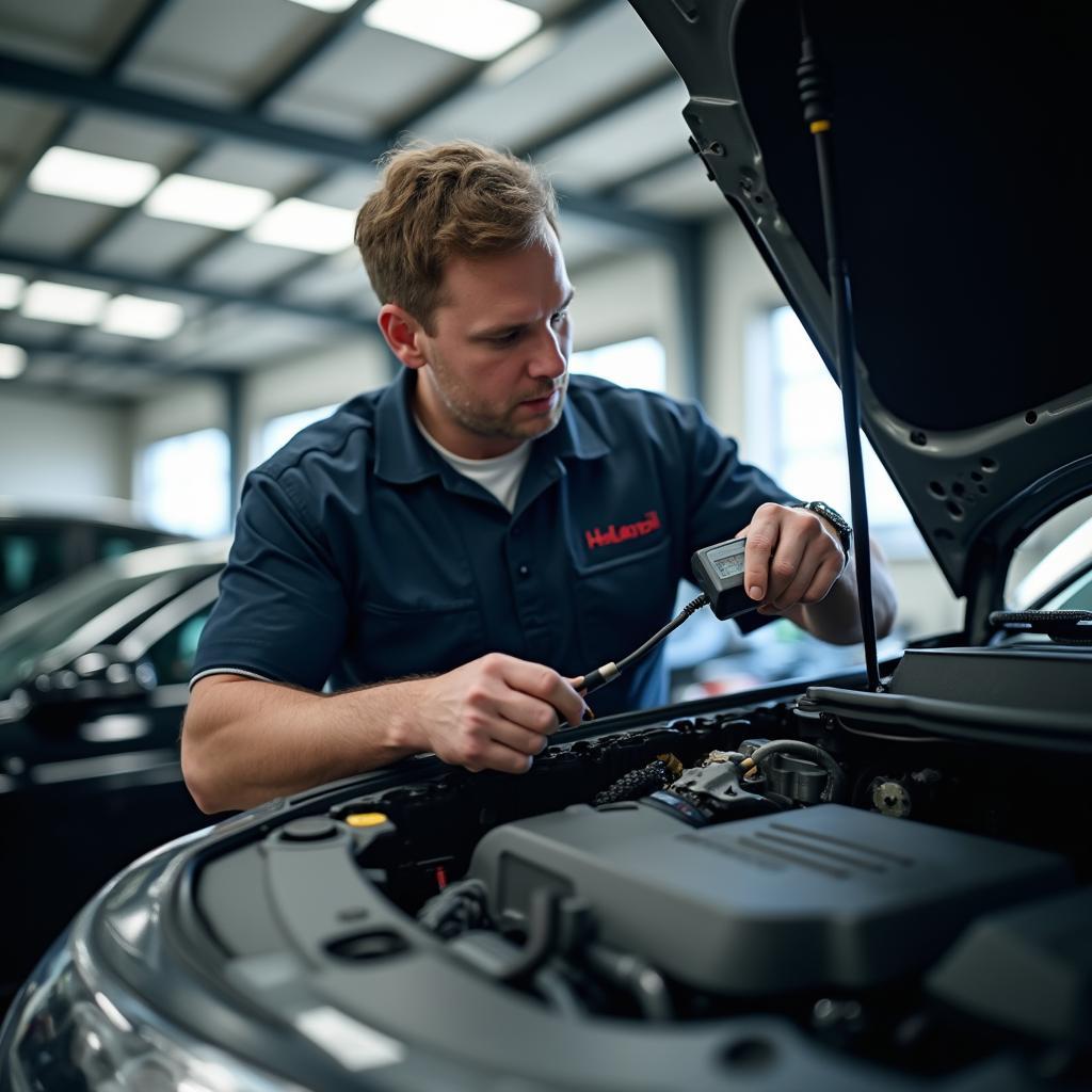 Mechanic performing a car diagnostic test in Calabasas 