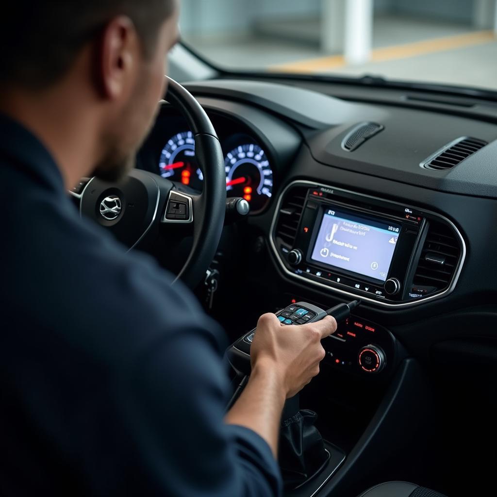 Mechanic performing car diagnostic test