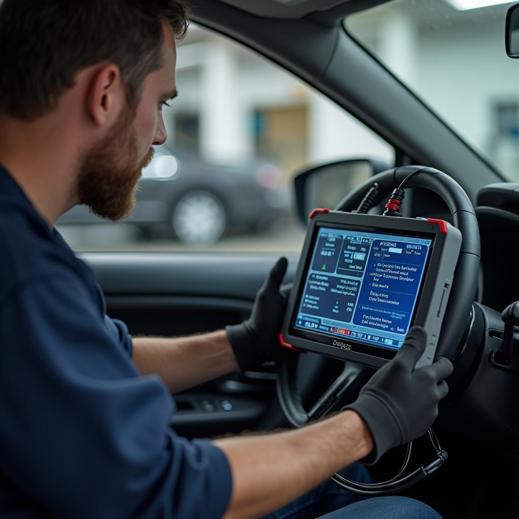 Mechanic performing a car diagnostic test in Jackson, MI