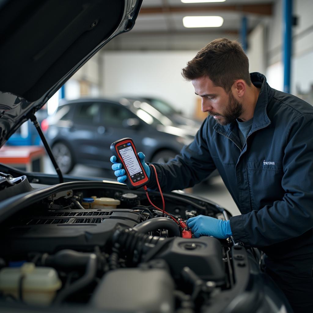 Car undergoing diagnostic testing at an auto service center in Lakewood