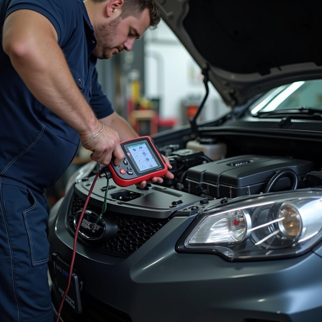 Mechanic performing car diagnostics in Somerville