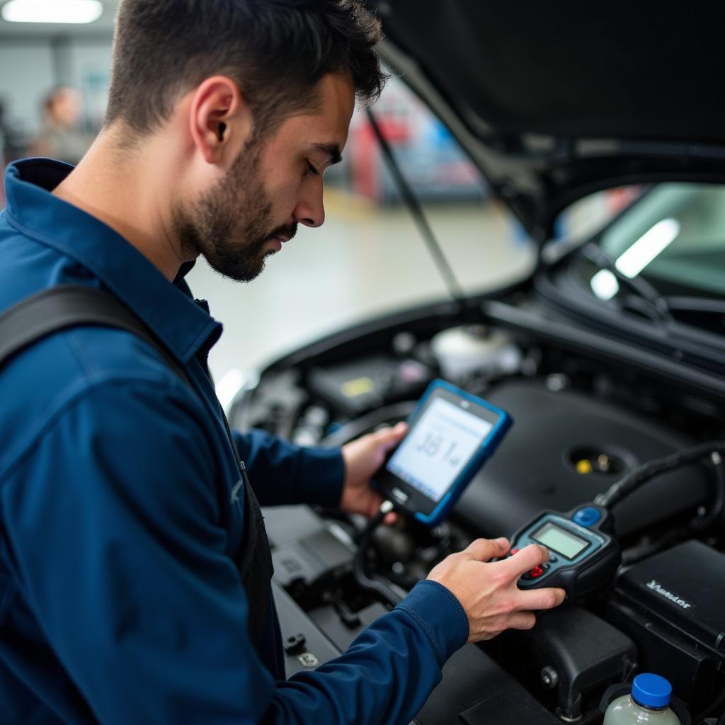 Mechanic performing car diagnostic test in South Bend