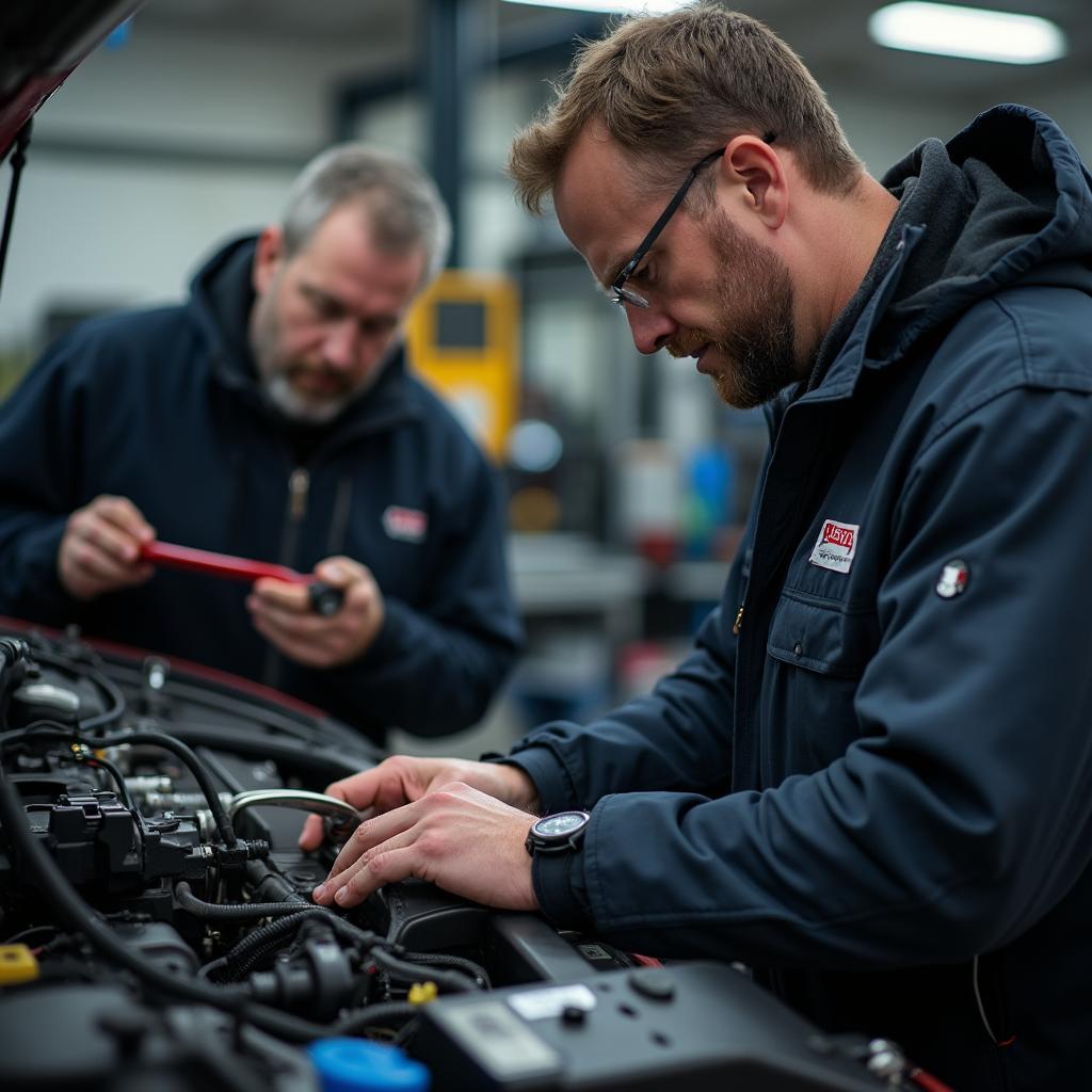 A close-up shot of various car diagnostic tools