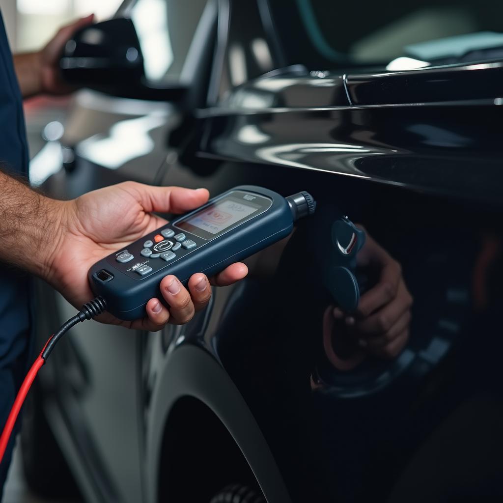 Mechanic using diagnostic tools on a car