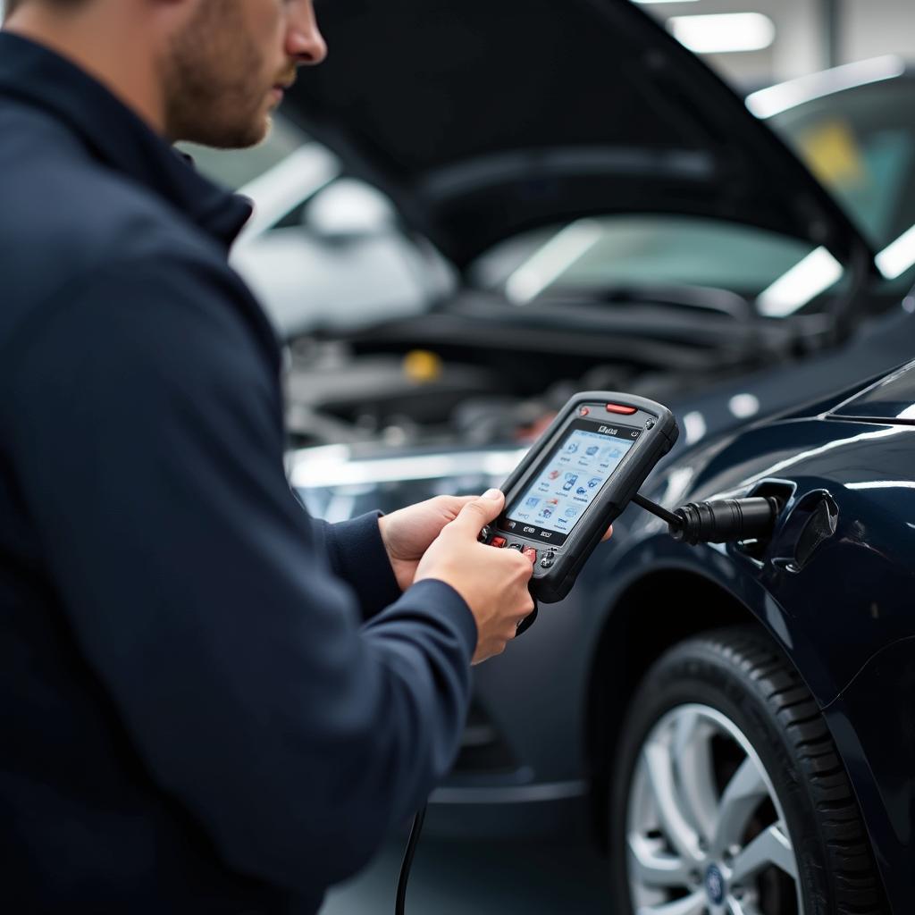 A mechanic in Columbus, Ohio, using advanced car diagnostic tools to troubleshoot a vehicle.