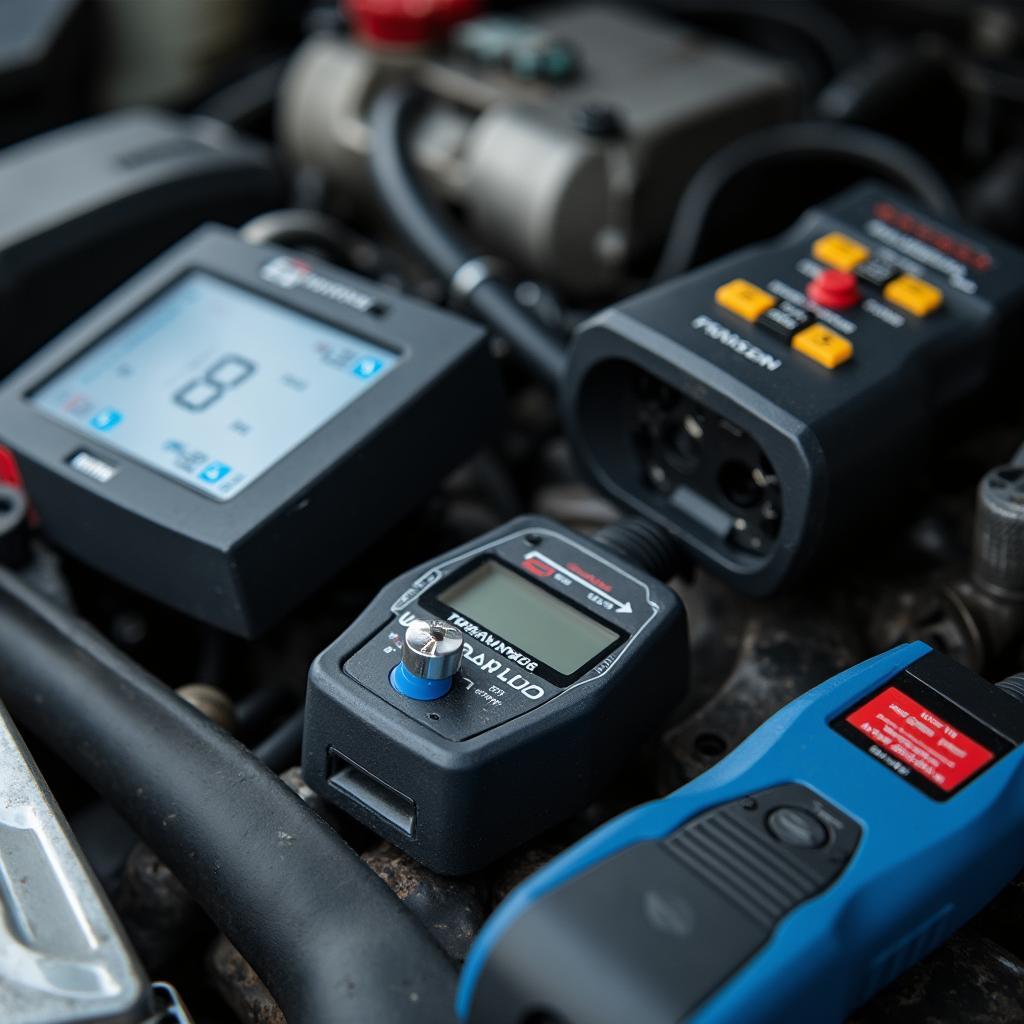 Assortment of car diagnostic tools neatly organized on a workbench inside a Mill Creek auto shop