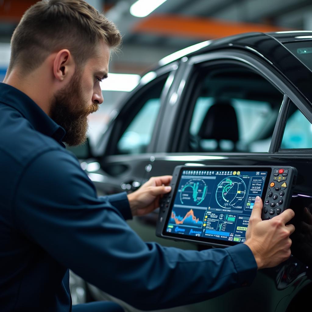 Mechanic in Las Vegas using diagnostic tools on a car