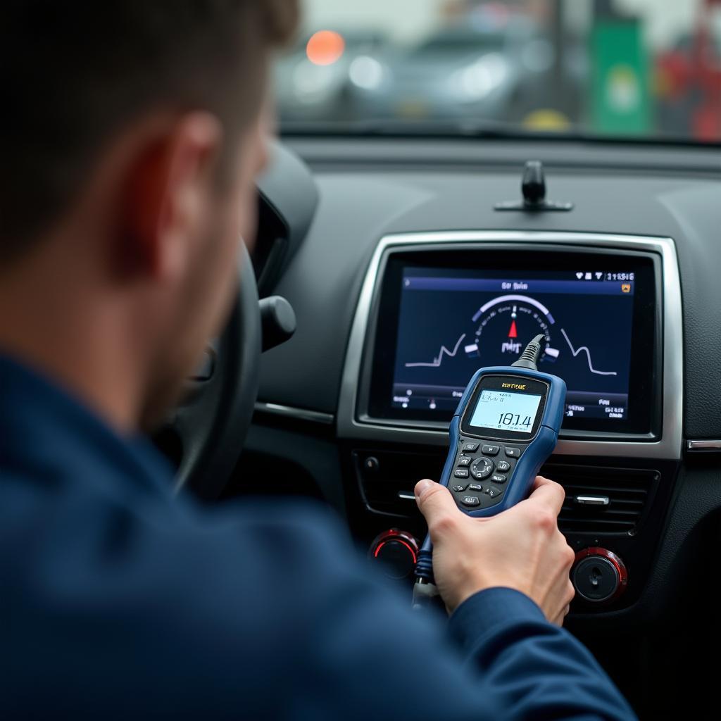 Mechanic performing car diagnostics in 644-Lyubertsy using a computer