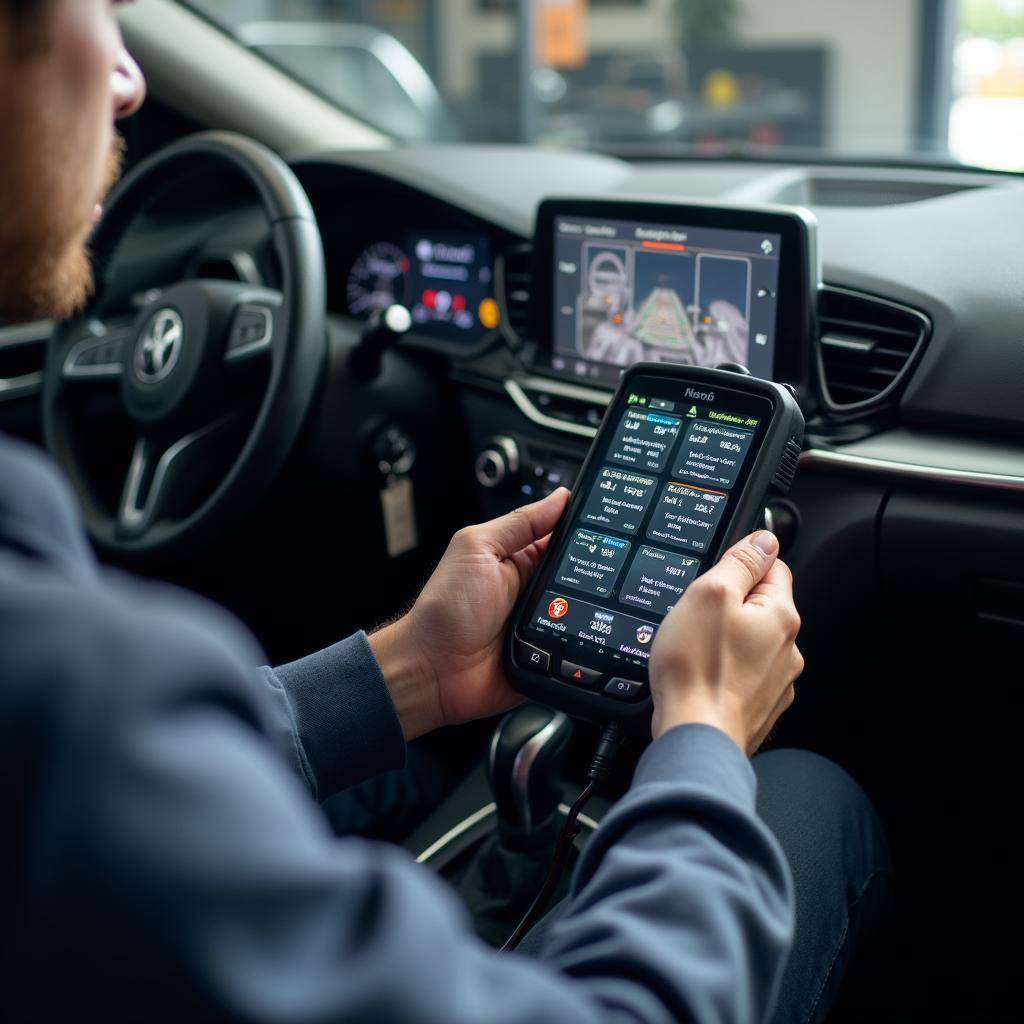 Mechanic using a diagnostic tool on a car in an Andover auto service center