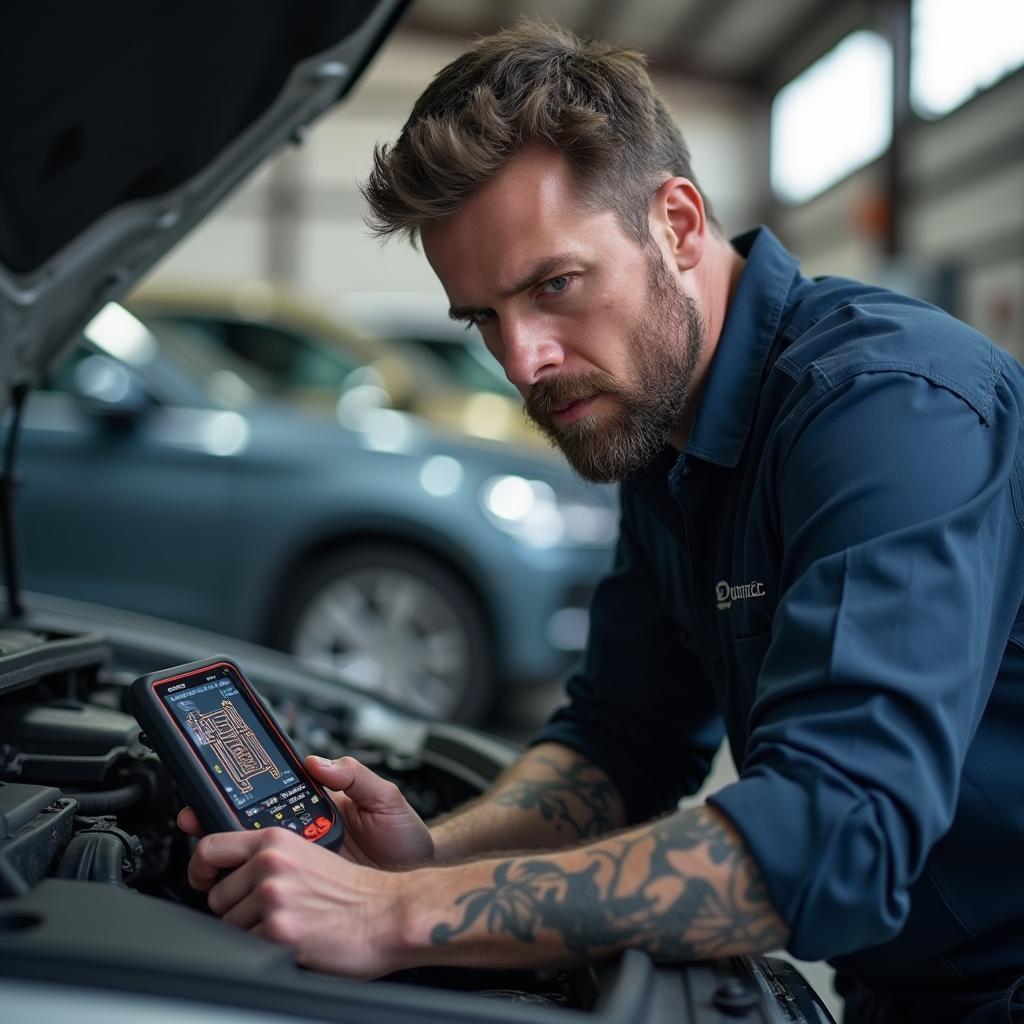 Mechanic using a diagnostic tool on a car in Chester, VA