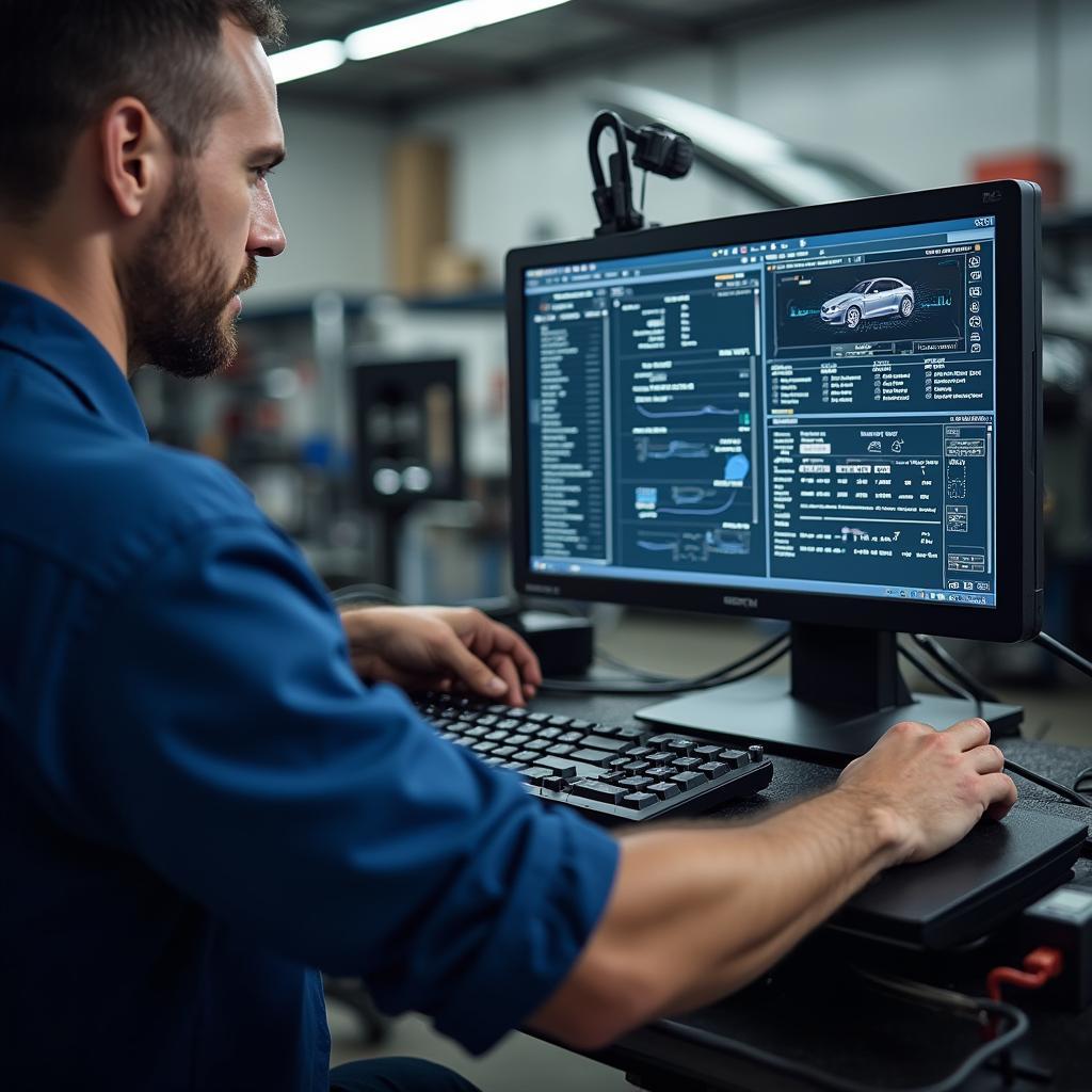 Mechanic using a computer for car diagnostics