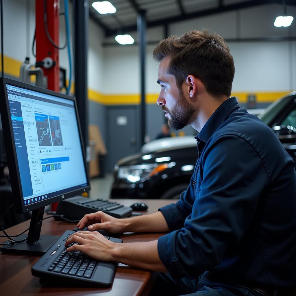 Mechanic using a computer for car diagnostics