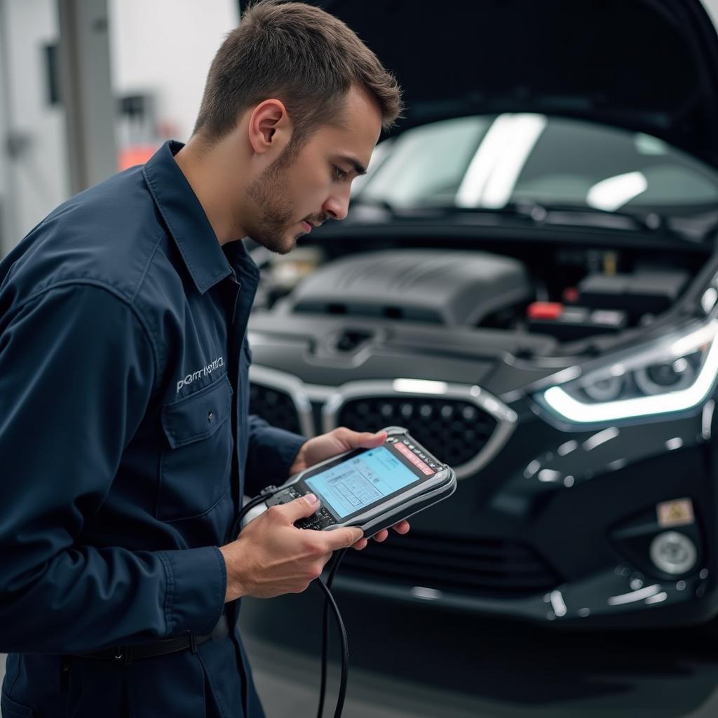 Mechanic using advanced diagnostic equipment on a car in Farmington Hills