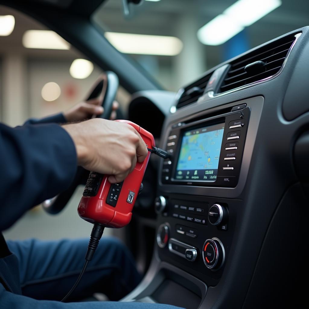  Mechanic using a diagnostic tool on a car in Levittown