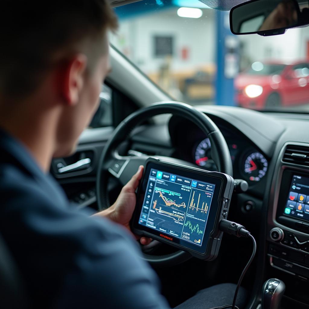  Mechanic in Manassas using advanced diagnostic equipment on a car.