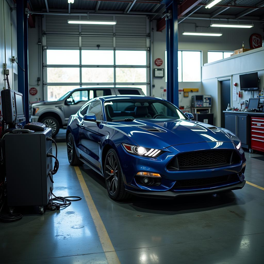 Car undergoing diagnostics in a San Antonio auto shop