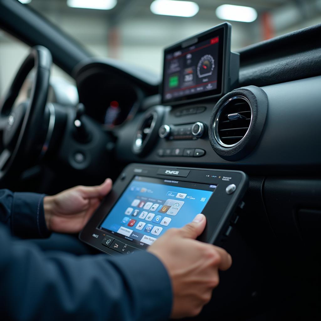  A mechanic using a computer to diagnose car problems in Woodstock, GA