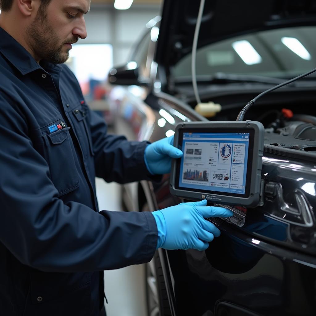 Mechanic in York, ON, using a diagnostic tool on a car