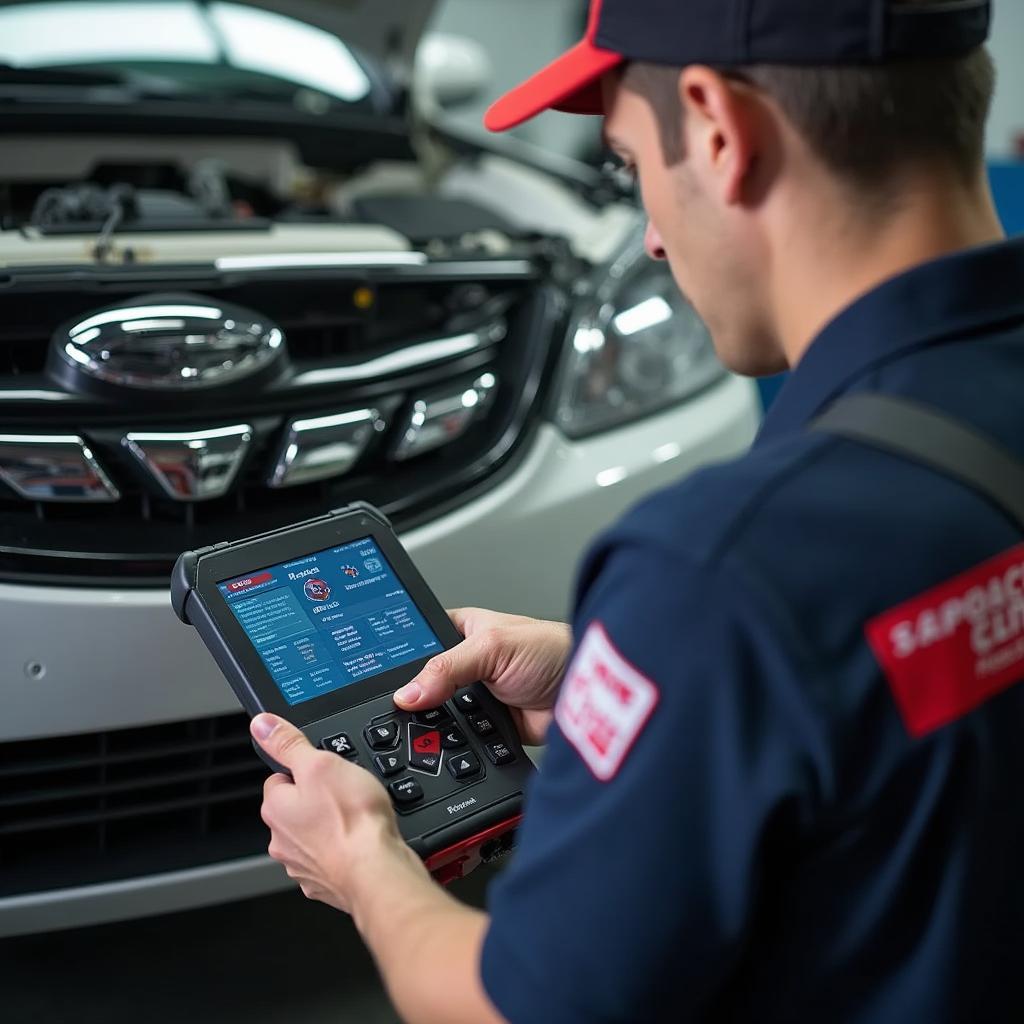 Mechanic Performing Car Diagnostics Using Computerized Equipment