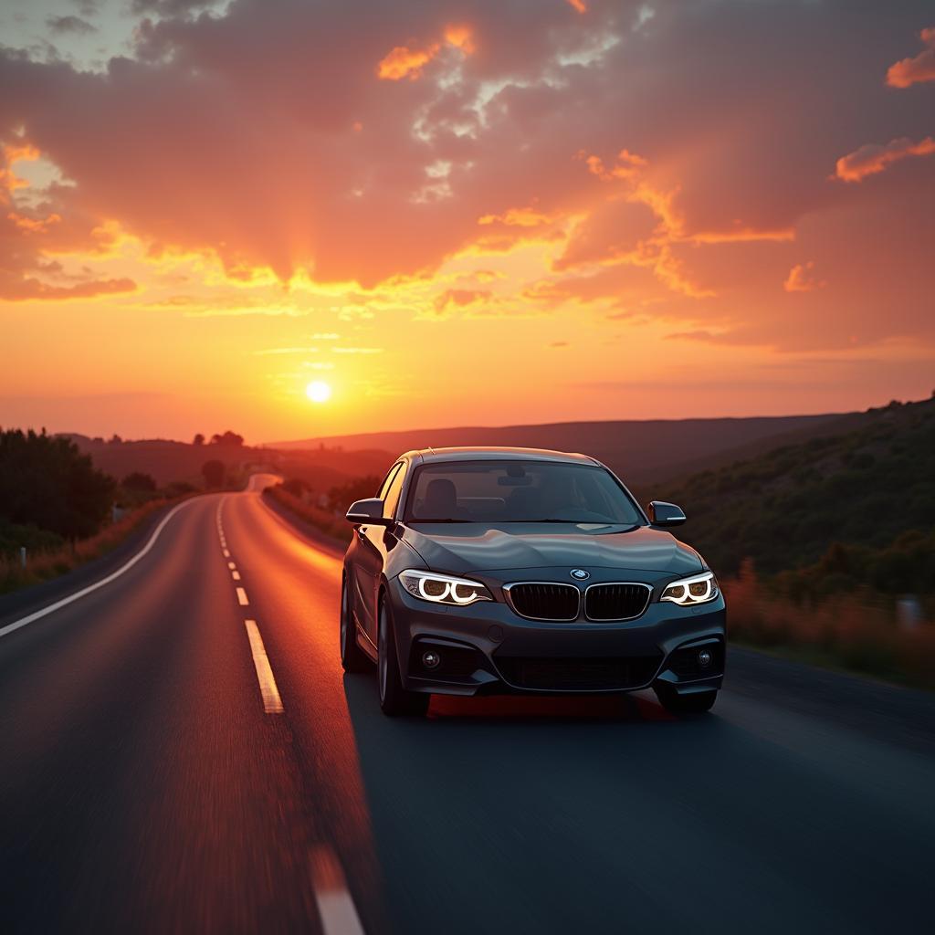 A car driving smoothly on an open road at sunset