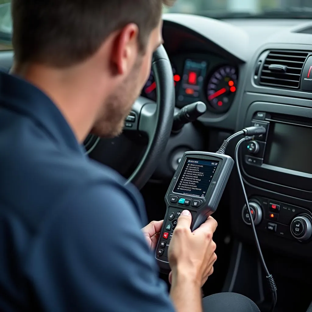 Mechanic diagnosing electrical problems in a car