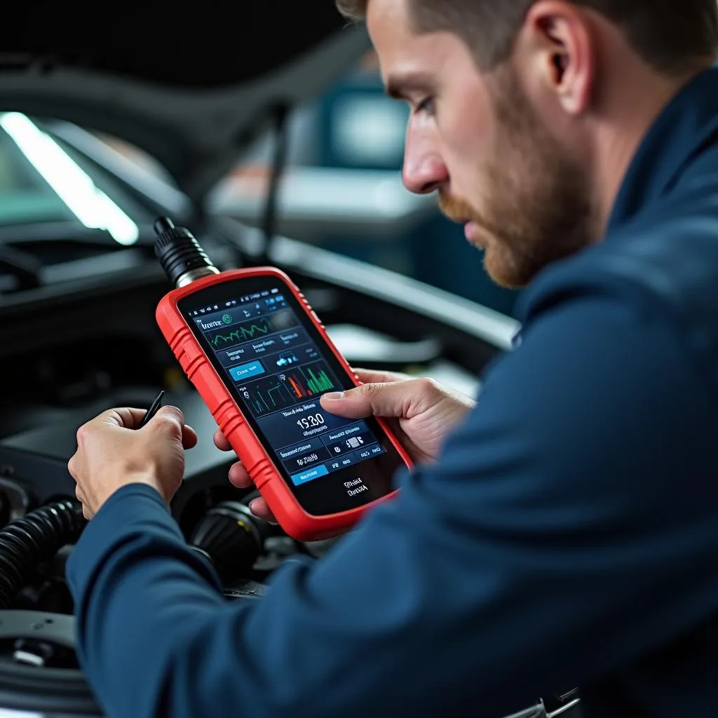 Mechanic performing engine diagnostics on a car