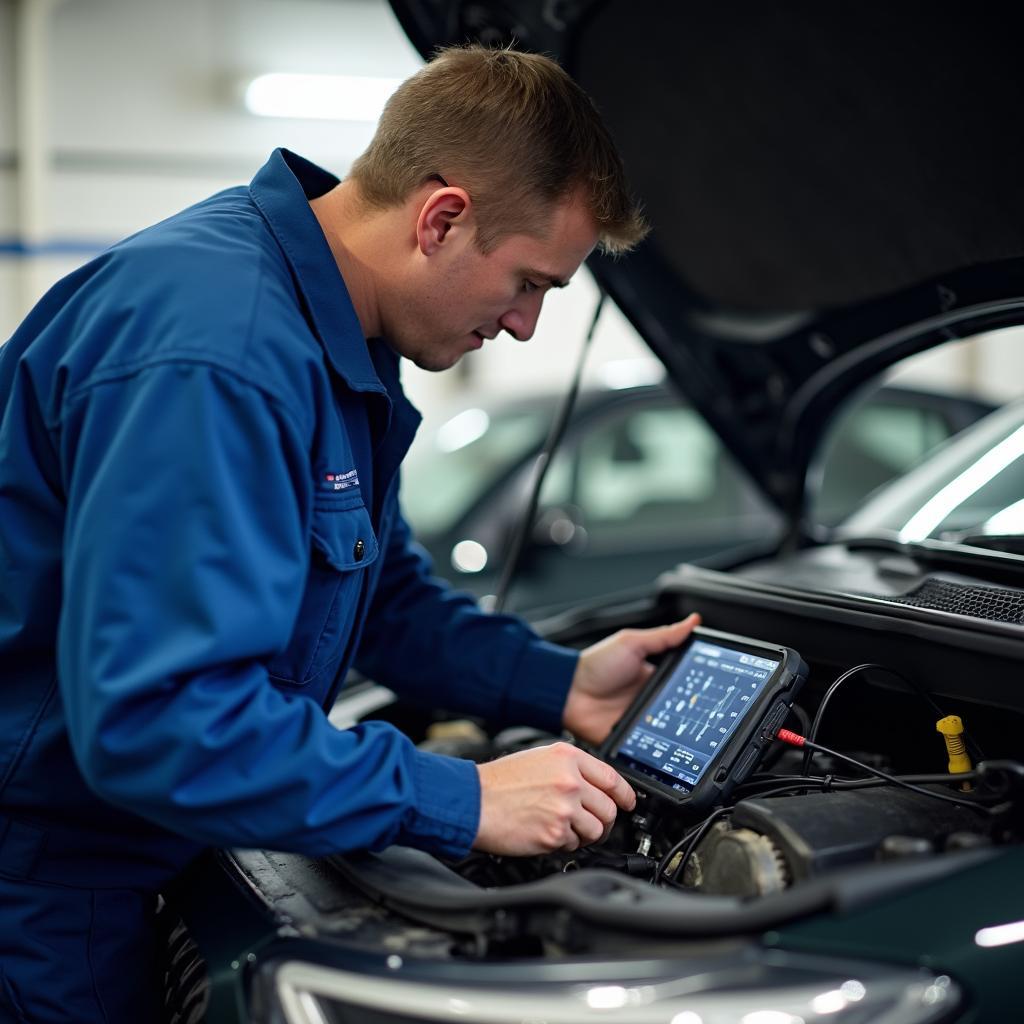 Mechanic performing car engine diagnostics using a computer