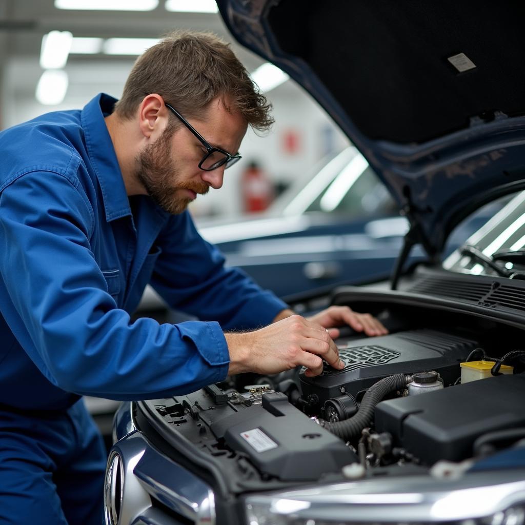 Skilled technician inspecting a car engine before steam cleaning