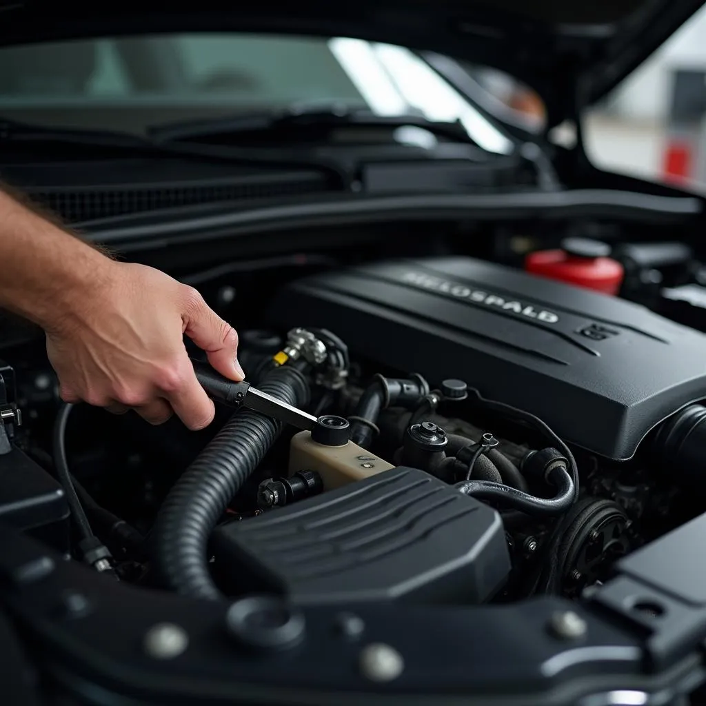 Mechanic performing car engine maintenance