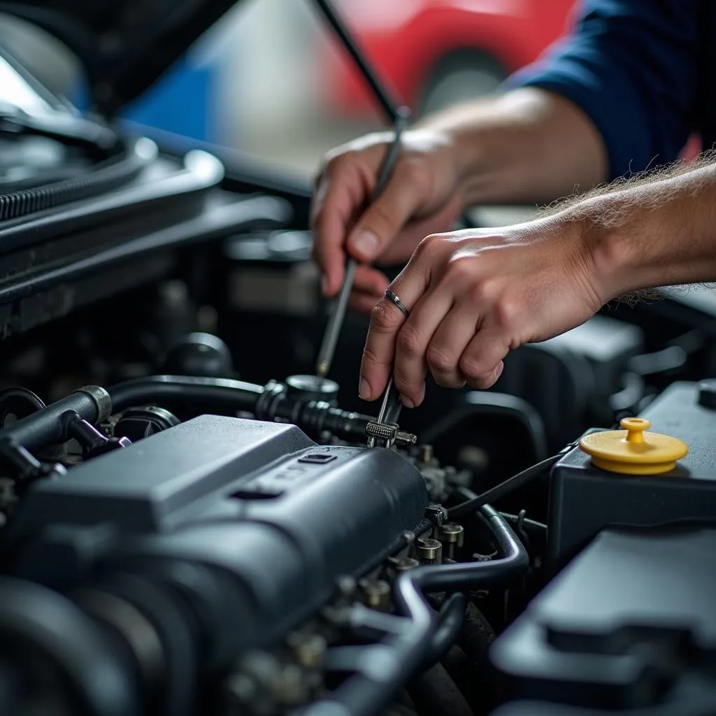 Close-up of a car engine being repaired by a mechanic