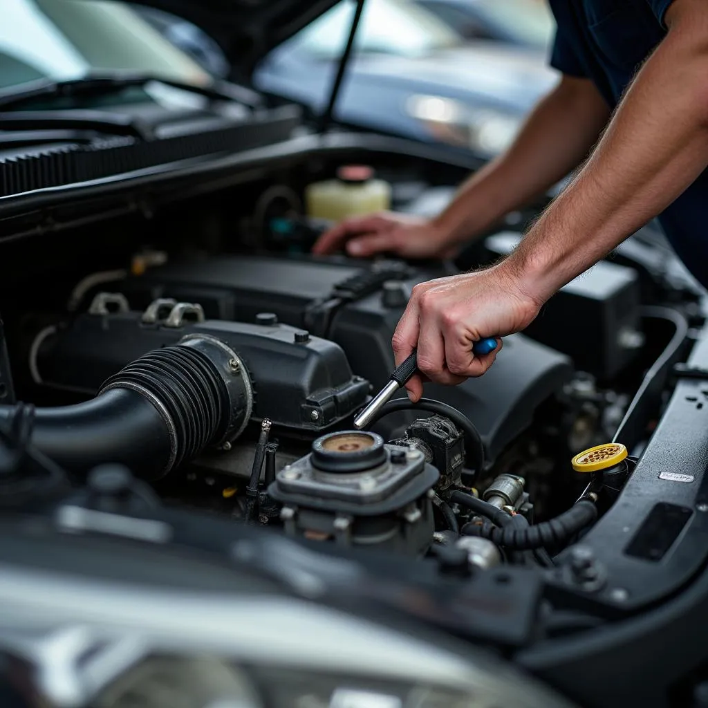 Car engine being repaired by a mechanic