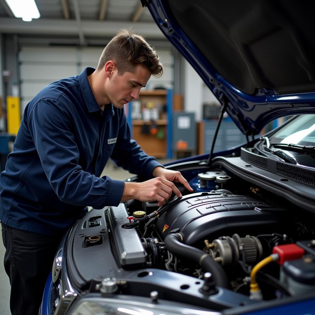 Professional car engine repair in a garage by a mechanic