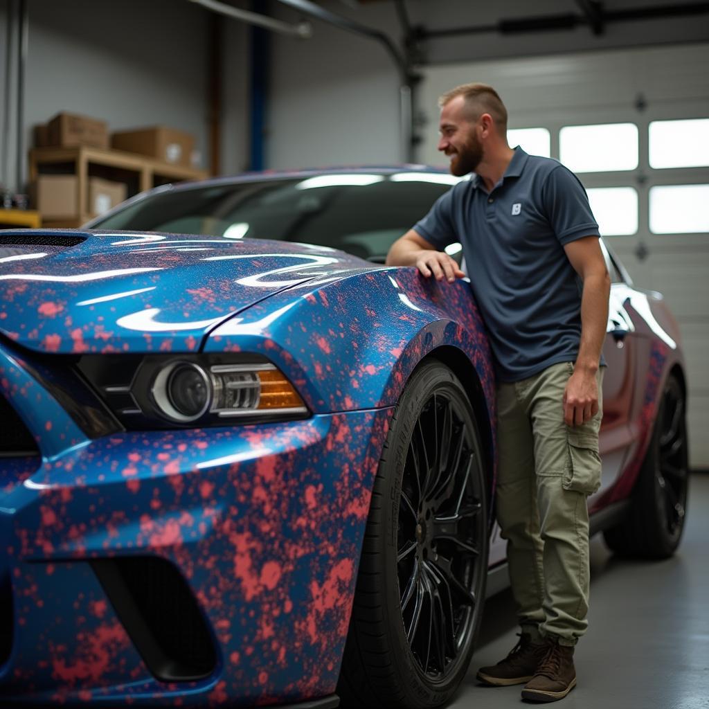  A car enthusiast admires their wrapped car in a garage.