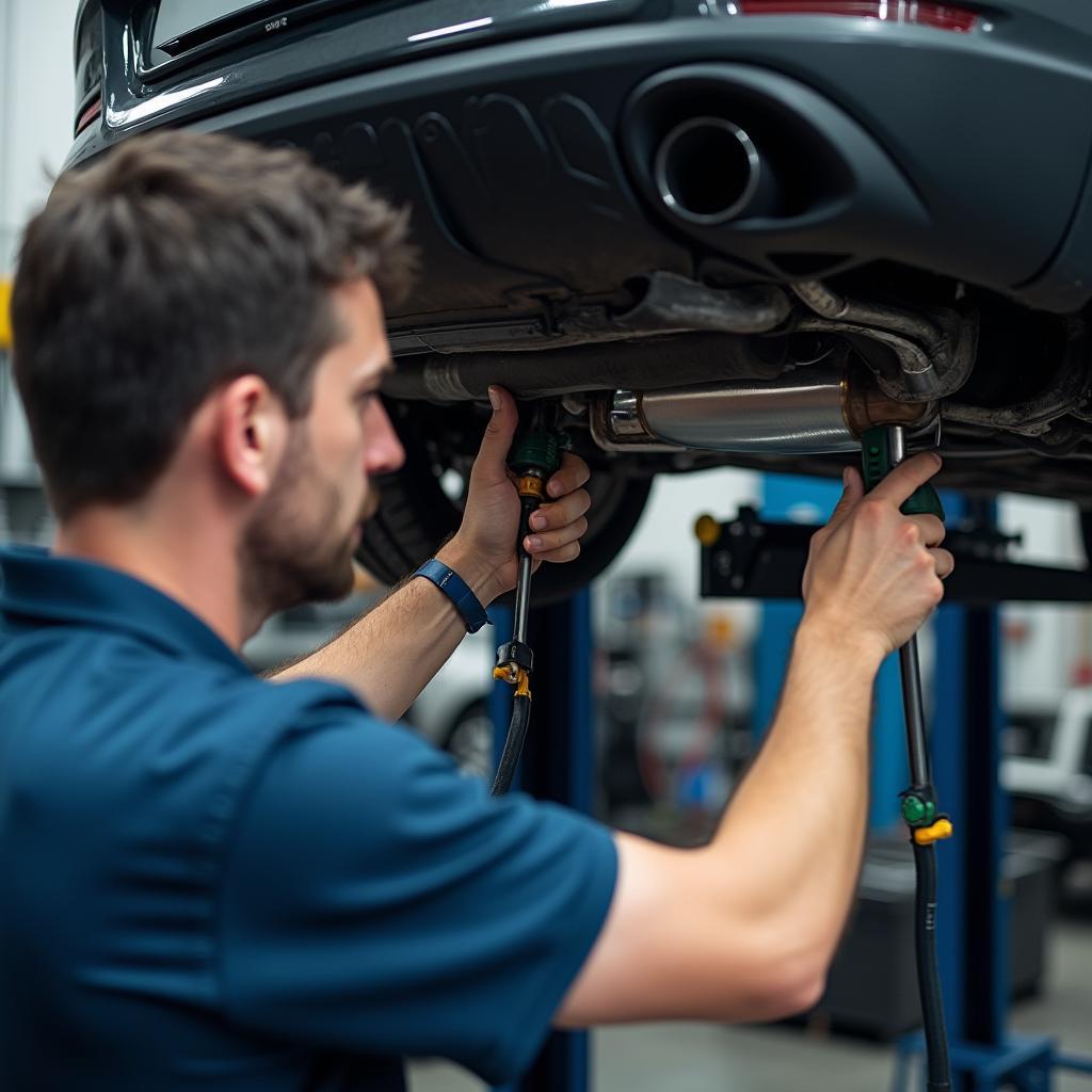 Mechanic inspecting a car's exhaust system on a lift