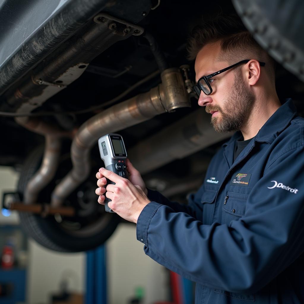  Mechanic Inspecting Car Exhaust in Detroit