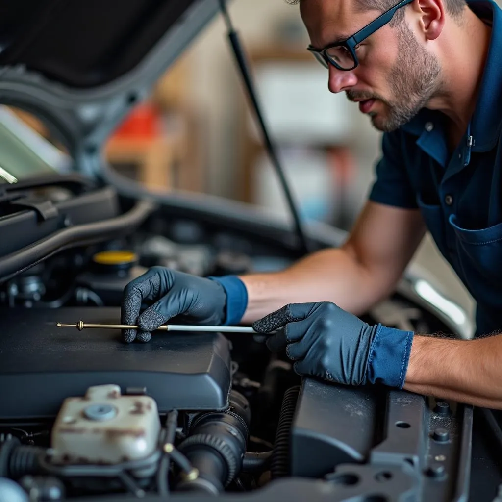 Mechanic checking car fluids